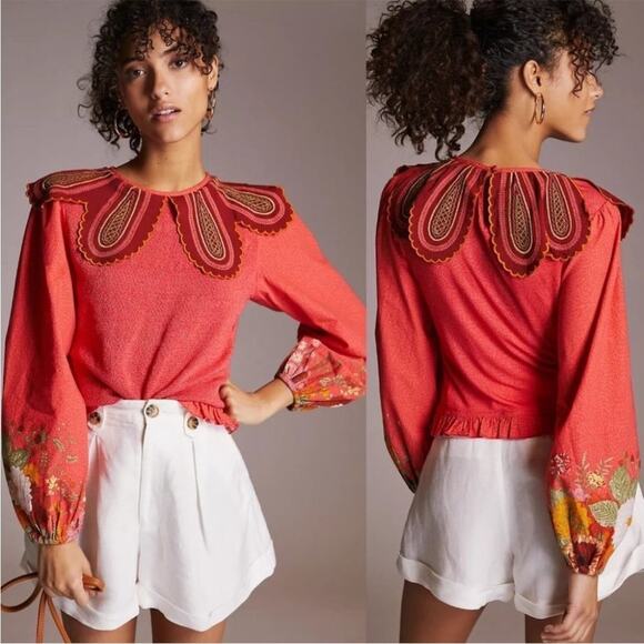 Anthropologie Tops - NWT Anthropologie Aliyana Collared Stretch Top Bl-nk Smocked SZ XS floral